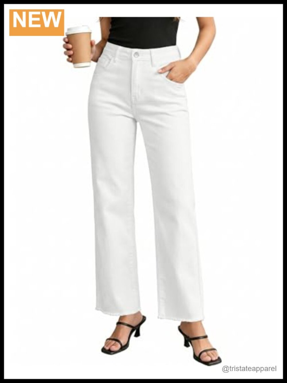High Waisted Straight Leg Jeans Frayed Raw Hem Stretchy Denim Pants